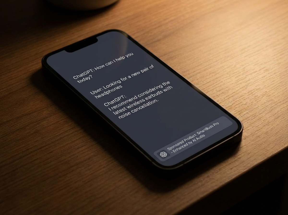 A sleek smartphone displaying an AI chatbot conversation with a subtle sponsored product tag at the bottom of the screen, ChatGPT 광고 concept, modern UI design, soft ambient lighting, high contrast, 4:3