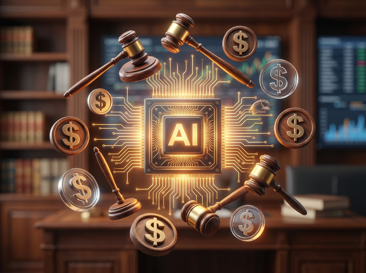 Icons of legal gavels and financial dollar signs floating around a central glowing AI processor. Warm lighting, professional atmosphere, highly detailed composition, 4:3 aspect ratio.
