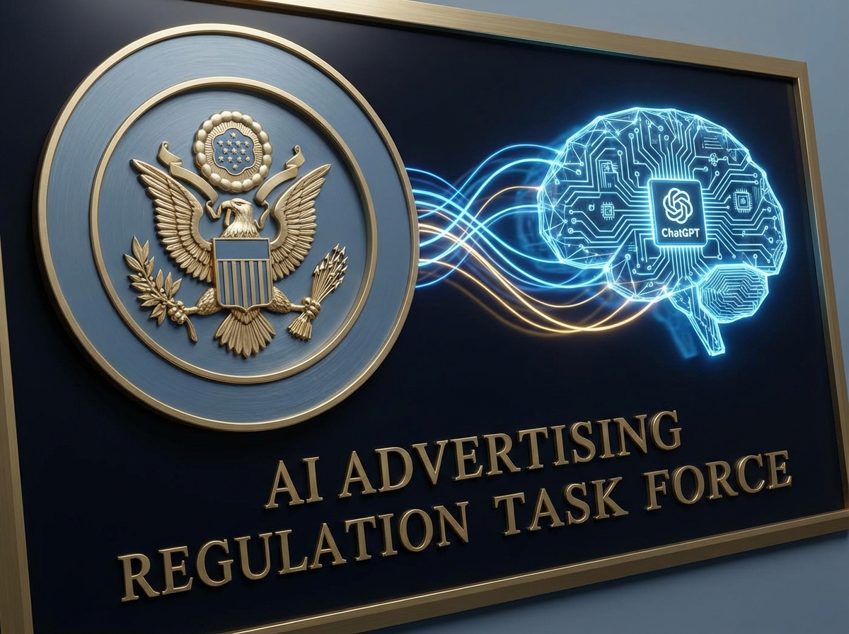 A symbolic representation of a government seal and a digital brain interconnected by glowing lines, ChatGPT 광고 regulation theme, professional and serious atmosphere, blue and gold tones, 4:3