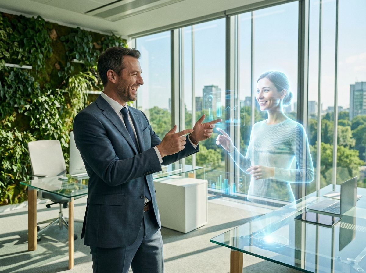 A professional office worker in a suit interacting with a friendly holographic AI assistant in a bright futuristic workspace. Natural expressions, collaborative mood, 4:3 aspect ratio.