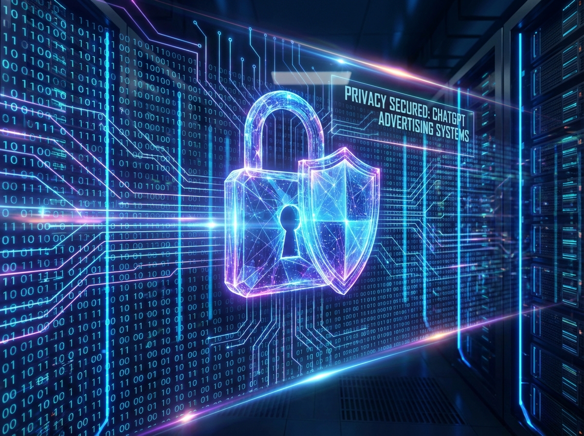 A glowing digital lock overlaid on a stream of binary data, representing privacy protection in ChatGPT 광고 systems, high tech aesthetic, futuristic background, 4:3