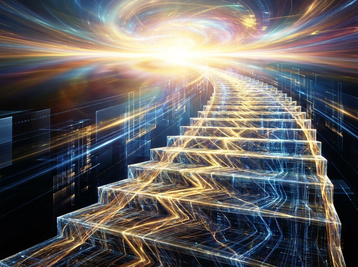 A glowing staircase made of light representing the rapid improvement of AI technology performance, reaching towards a bright horizon. Abstract and inspiring composition, 4:3 aspect ratio.