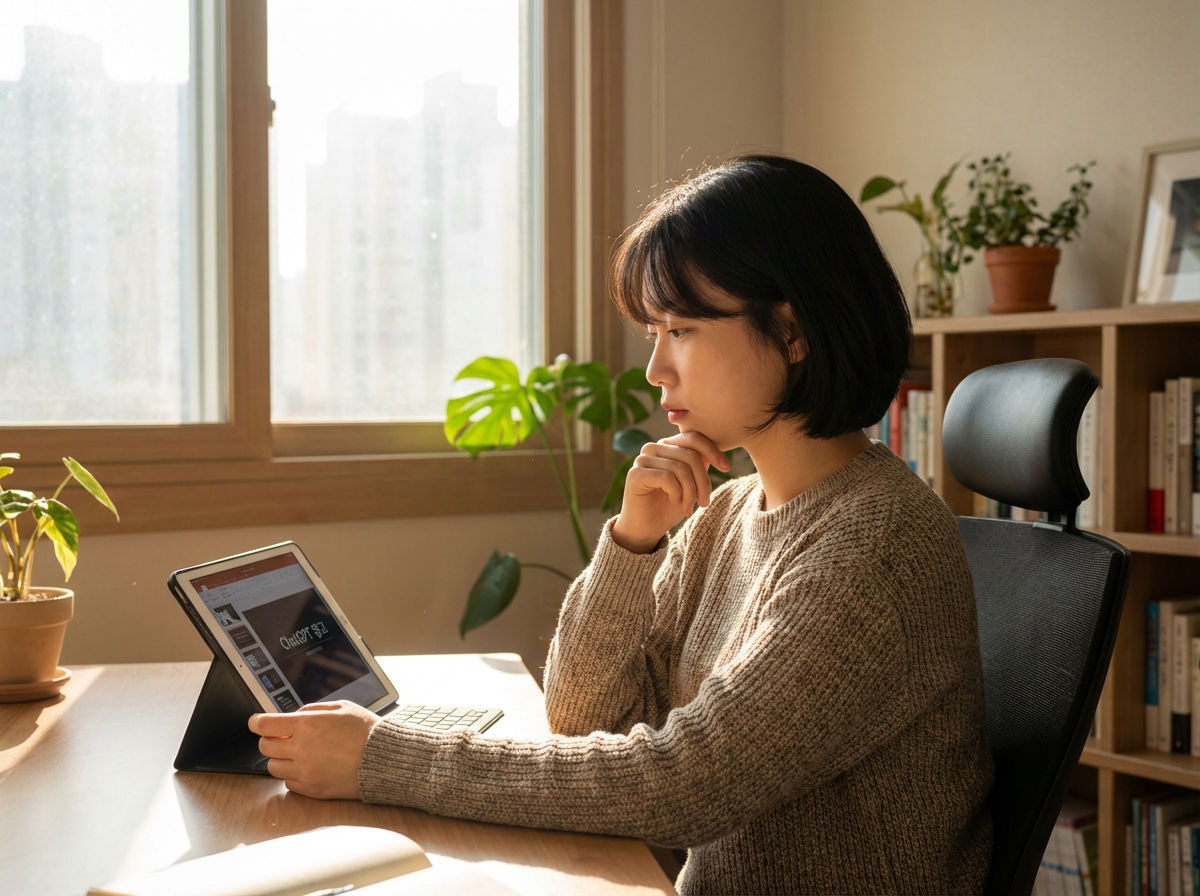 A young Korean professional looking thoughtfully at a digital tablet in a modern home office setting, warm sunlight from a window, ChatGPT 광고 discussion context, realistic photography style, 4:3