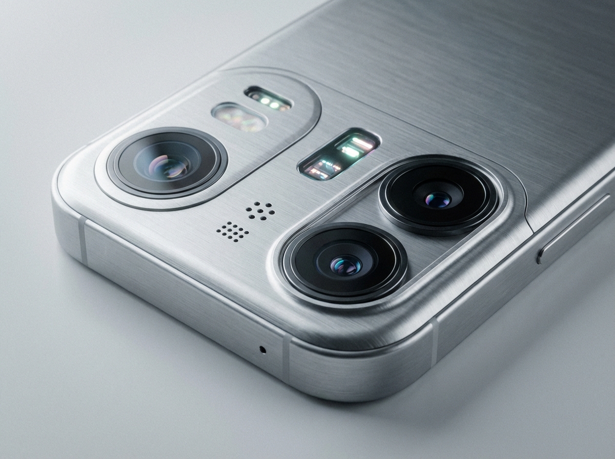 Close-up macro shot of a small high-tech device with dual camera lenses and microphone holes, minimalist aesthetic, brushed aluminum texture, futuristic sensors, soft laboratory lighting, no text, 4:3