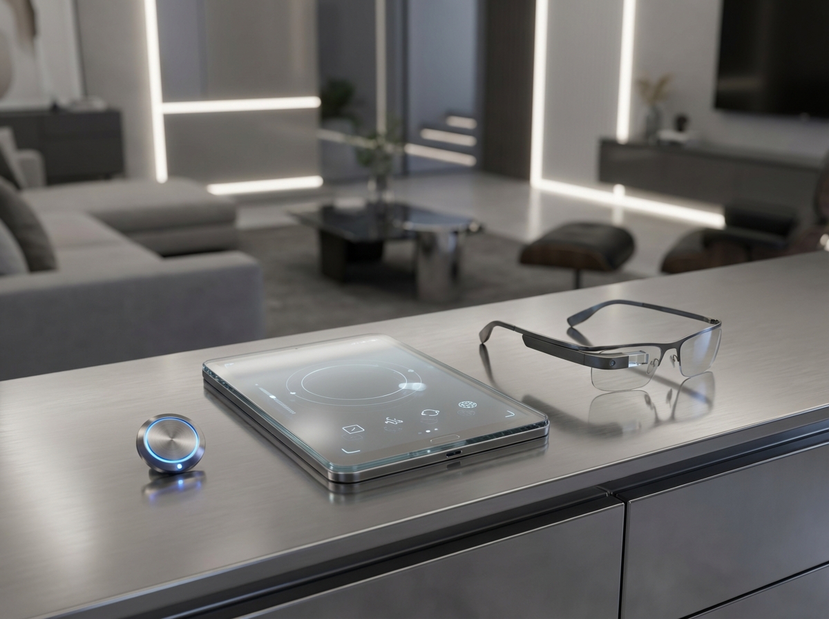 Conceptual layout of futuristic smart home devices including a small pin, a tablet, and smart glasses, sleek glass and metal materials, modern interior background, high-tech atmosphere, no text, 4:3