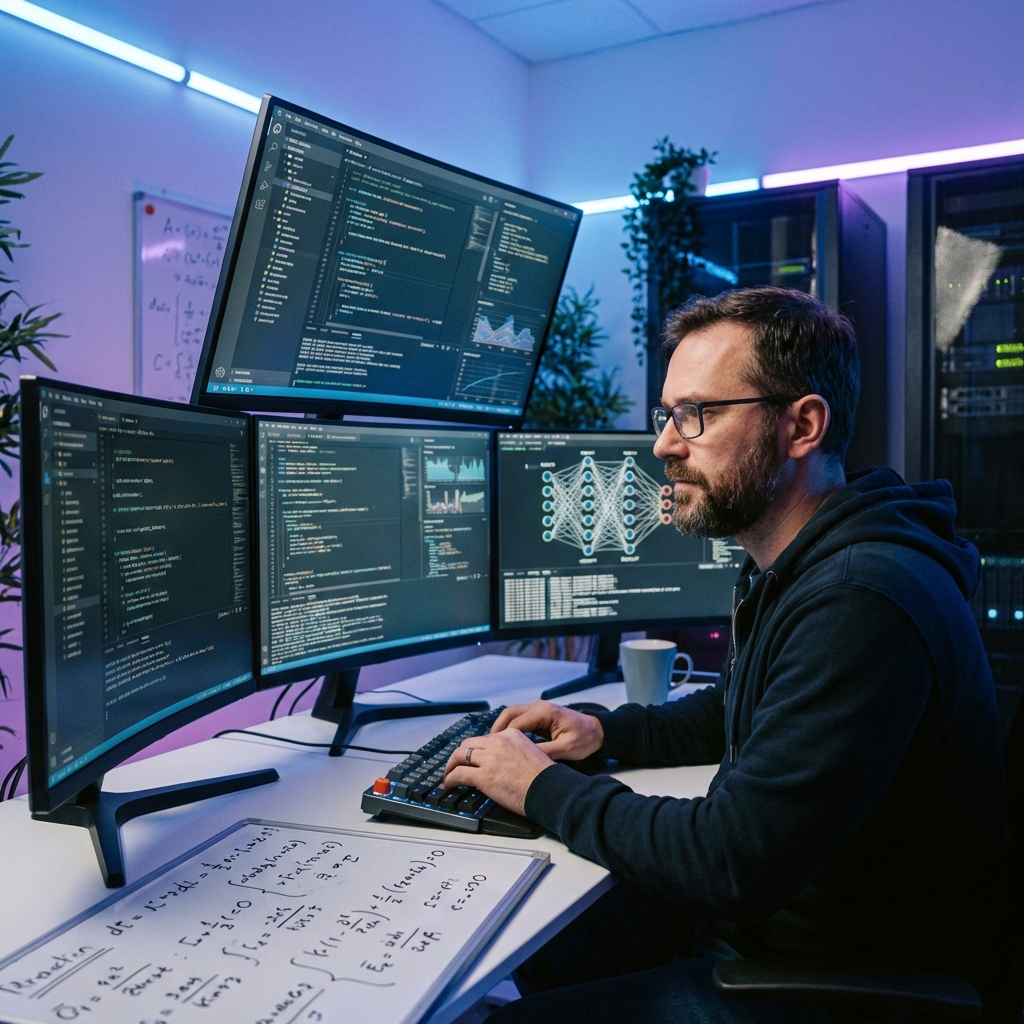 A professional developer working on complex code and neural network structures on multiple sleek monitors in a high-tech studio, soft ambient lighting, focused atmosphere, 1:1