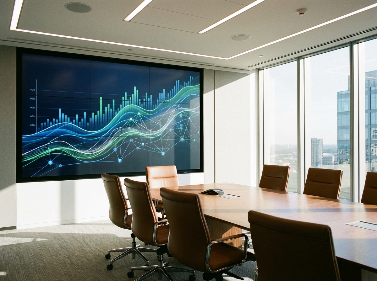 A clean and bright corporate boardroom with a large screen displaying abstract growth charts and AI infrastructure network nodes, professional and sophisticated atmosphere, 4:3