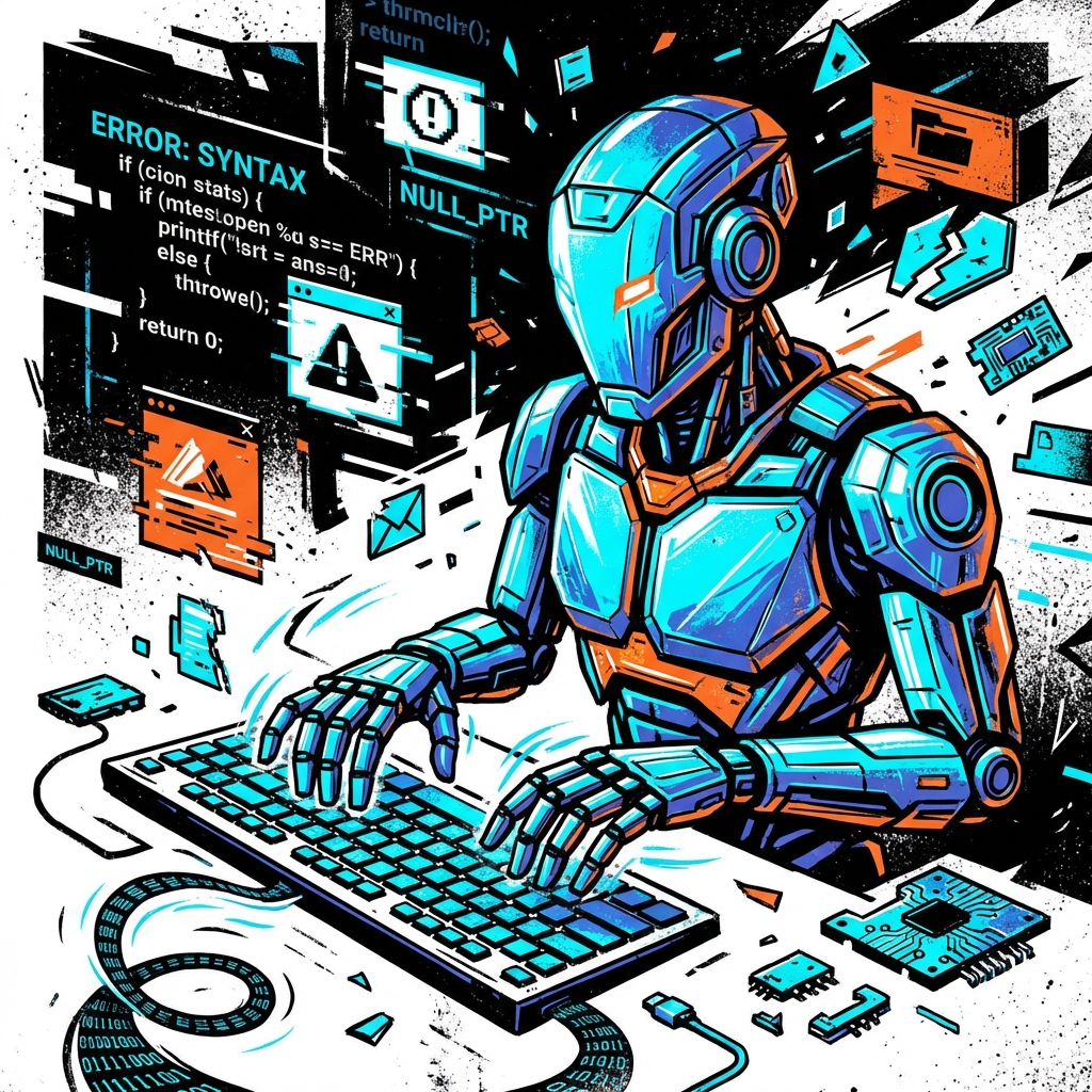 A futuristic robot typing rapidly on a keyboard, digital junk and messy code fragments floating in the air, high contrast infographic style, 1:1