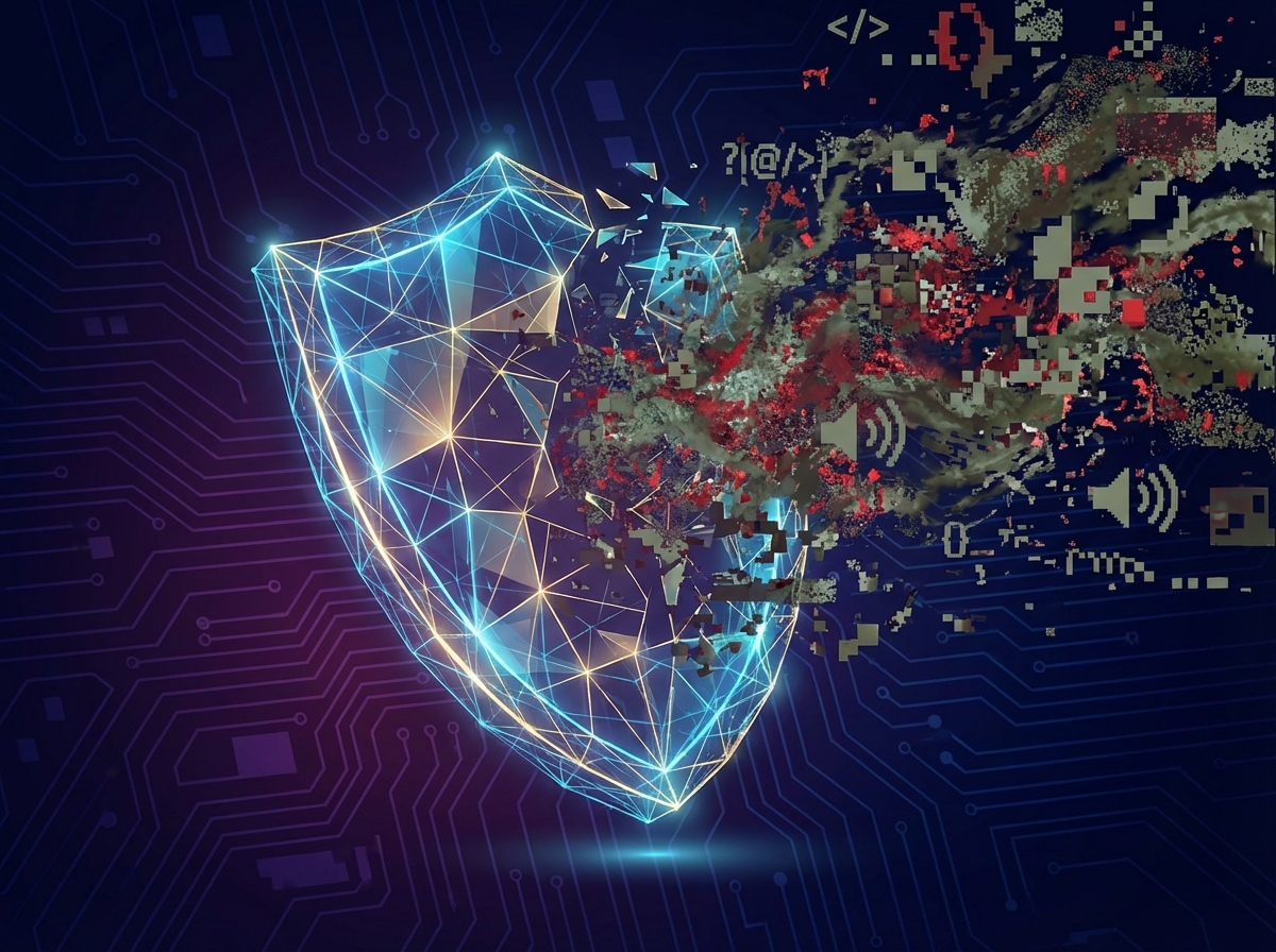 An abstract illustration of a digital shield being overwhelmed by a flood of low-quality data particles, dark background with glowing elements, 4:3