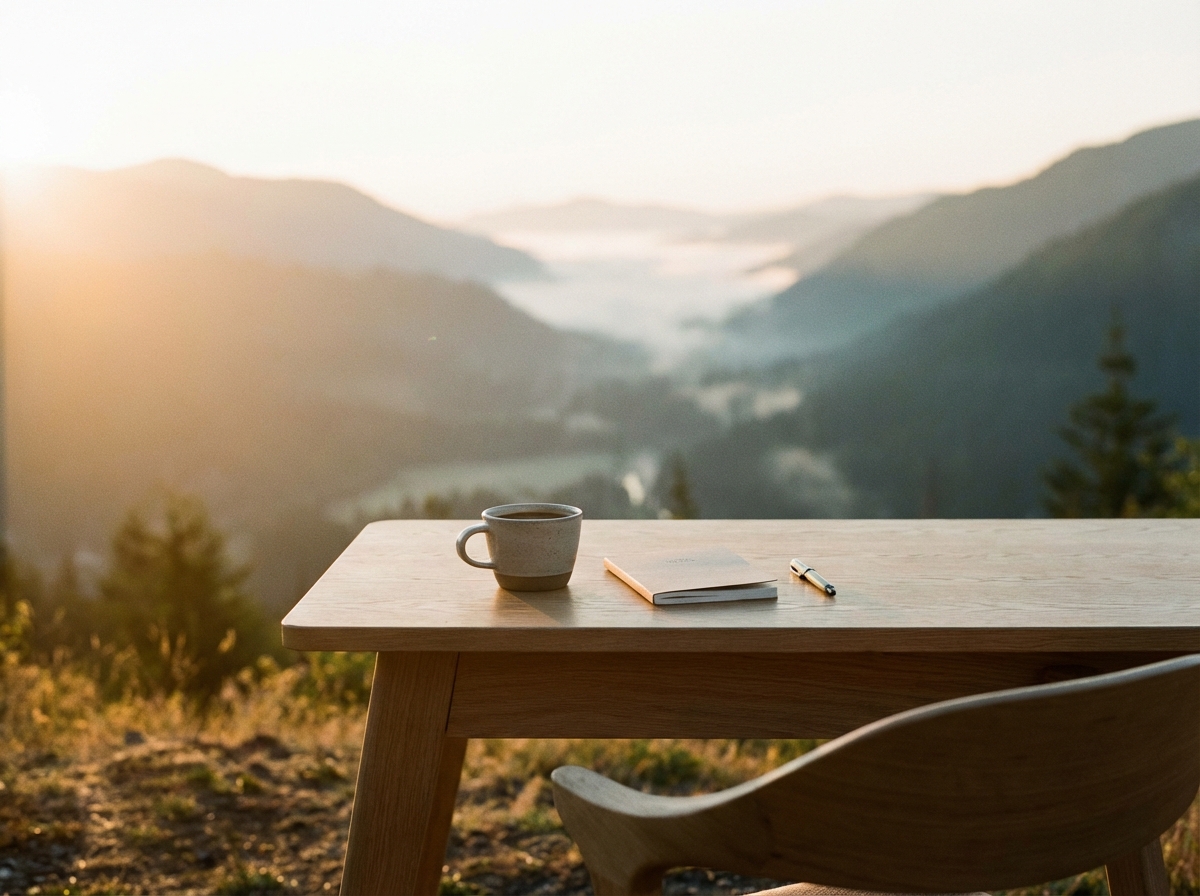 A serene landscape with a clean minimalist desk, a cup of coffee, and a sense of calm, lifestyle photography, warm lighting, 4:3