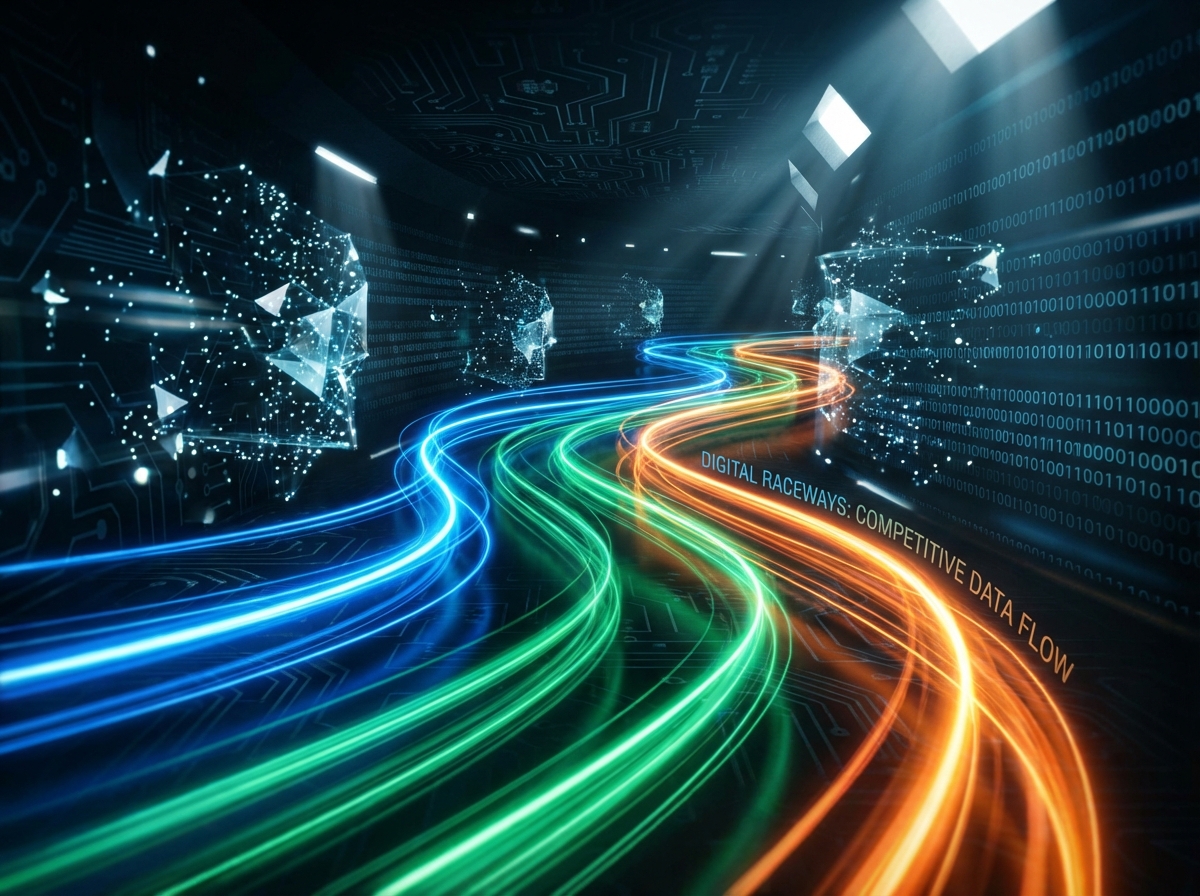 Conceptual abstract art showing three glowing light paths in blue, green, and orange racing through a digital data tunnel representing tech competition, cinematic lighting, futuristic, 4:3