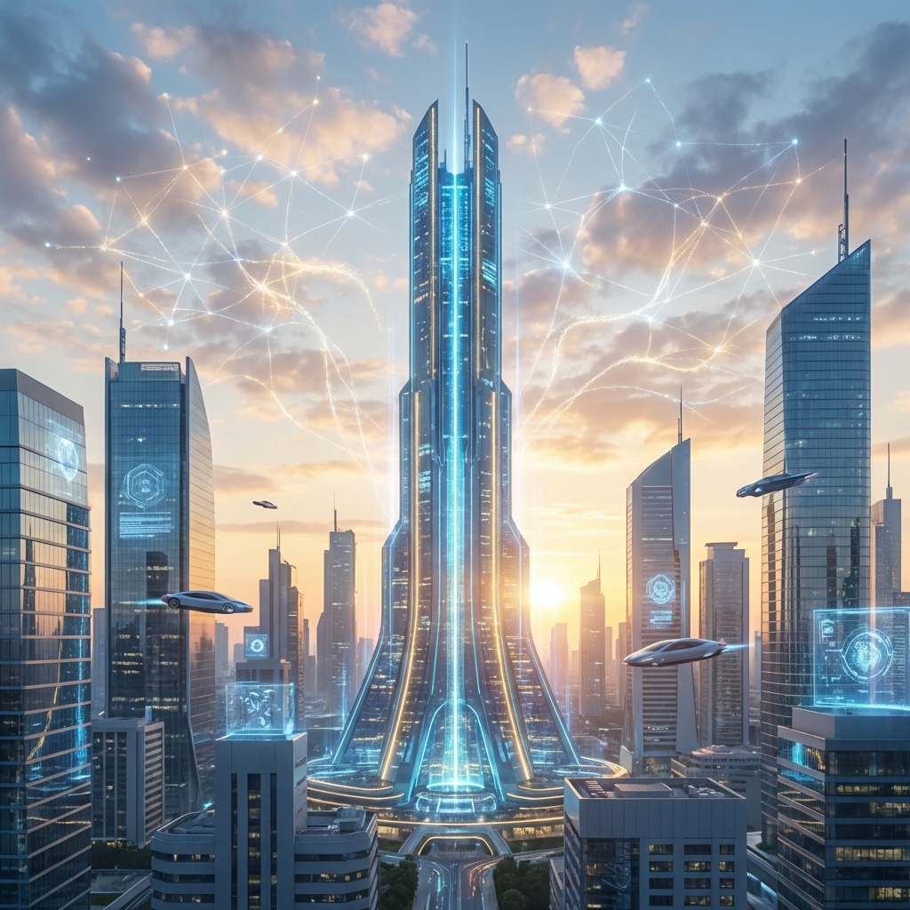 A futuristic city skyline at dawn with a central glowing data tower and subtle neural network patterns integrated into the clouds, clean composition, high-tech visualization, 1:1