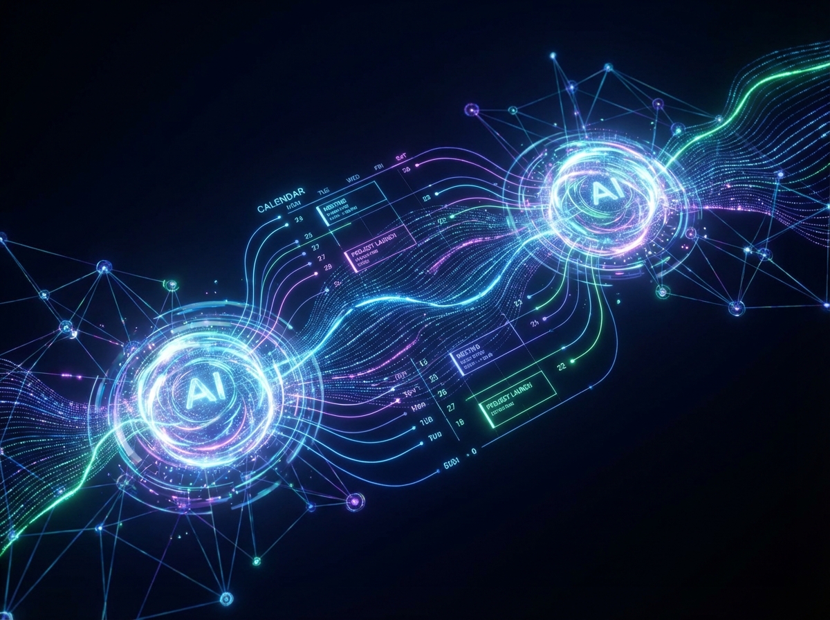Abstract visualization of two AI agents communicating over digital calendar data streams, glowing nodes and connections, futuristic and clean aesthetic, 4:3