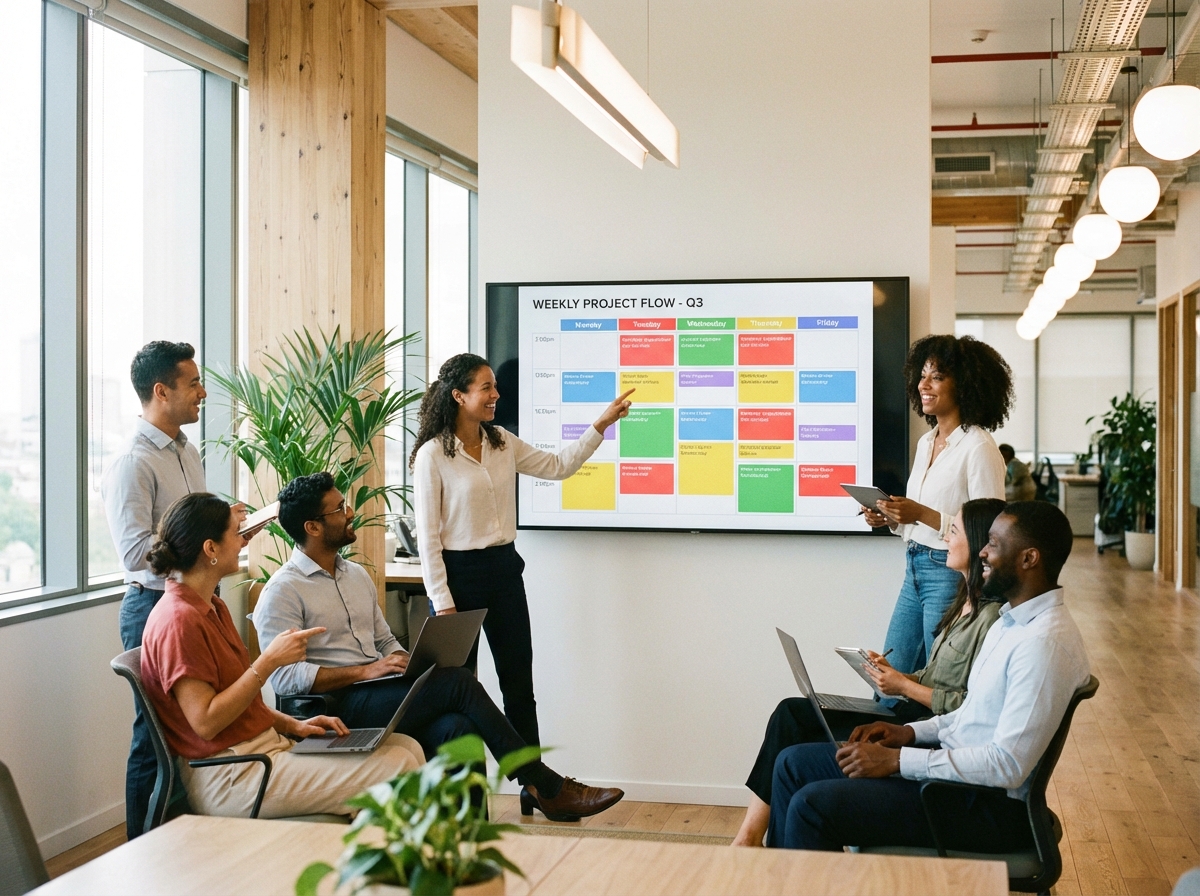 A team of professionals in a contemporary bright office collaborating while looking at a large screen showing a perfectly organized weekly schedule, realistic and professional atmosphere, 4:3