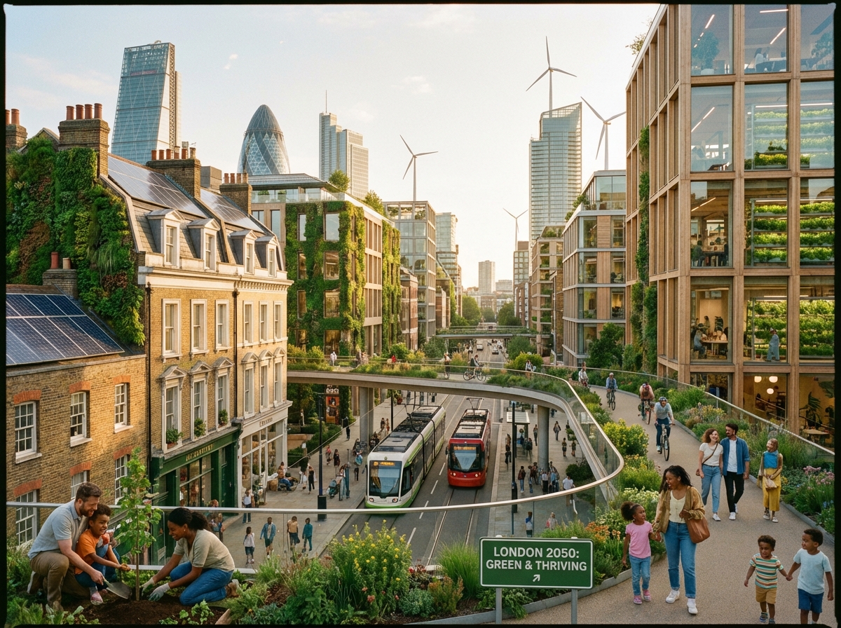 A futuristic yet realistic vision of a British city integrated with green technology and smart infrastructure. Happy people of diverse backgrounds walking through a prosperous neighborhood. Warm and hopeful lighting with a focus on sustainable urban development. 4:3