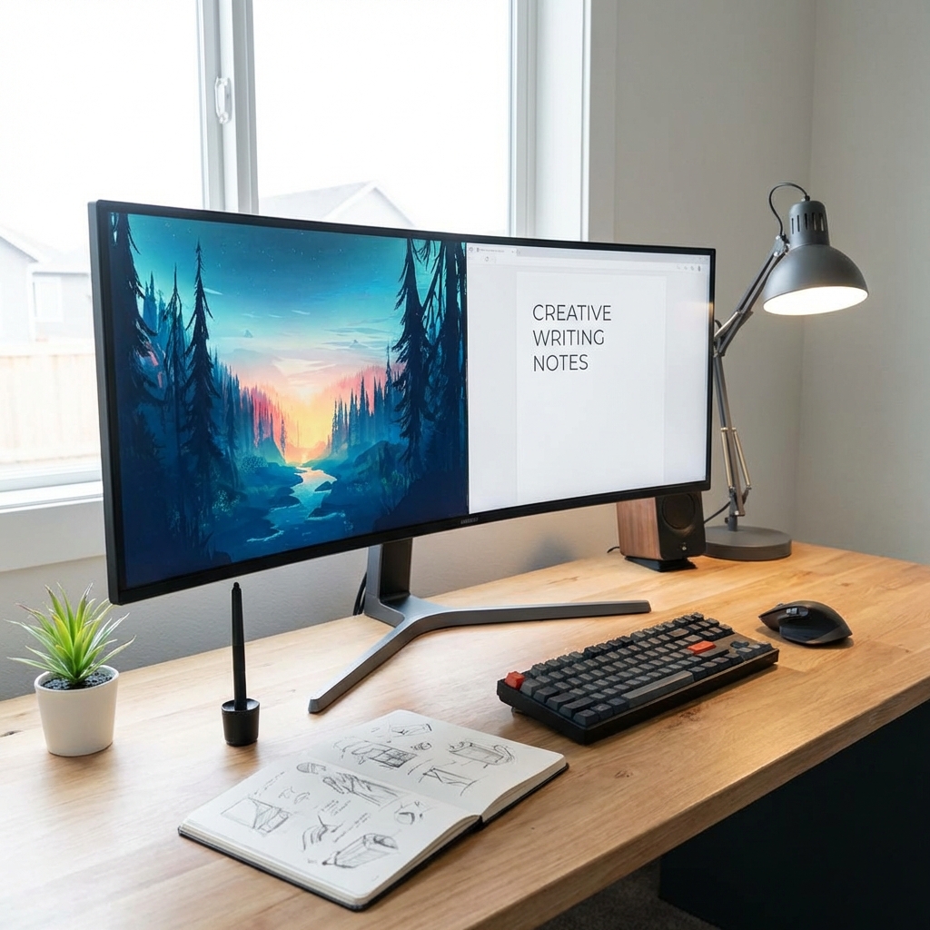 A clean and organized home office desk with a large monitor displaying a colorful digital painting and a simple text document side by side. There are some creative tools like a stylus and a sketchbook on the desk. Modern and minimal aesthetic. 1:1