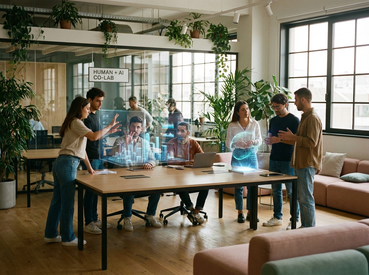 A modern office environment where young professionals are collaborating with advanced AI holographic interfaces showing data visualizations and creative tasks warm natural lighting high-quality photography 4:3