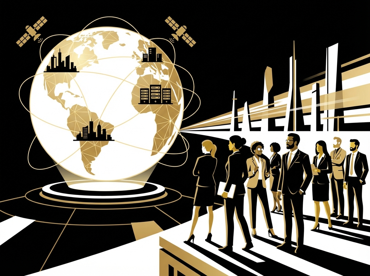 A high-contrast conceptual illustration showing a stylized globe with golden lines connecting technology centers and a diverse group of professional people looking towards a futuristic horizon clean modern aesthetic 4:3