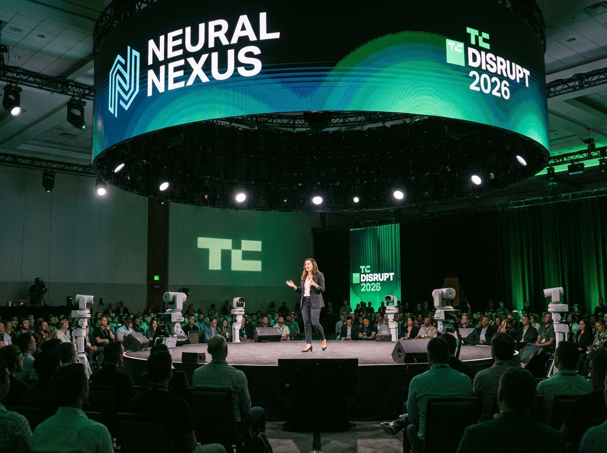 A startup founder presenting a pitch on the iconic Startup Battlefield stage at TechCrunch Disrupt 2026. High-tech stage setup, large background screen showing a company logo, audience watching intently. Energetic and professional atmosphere. 4:3