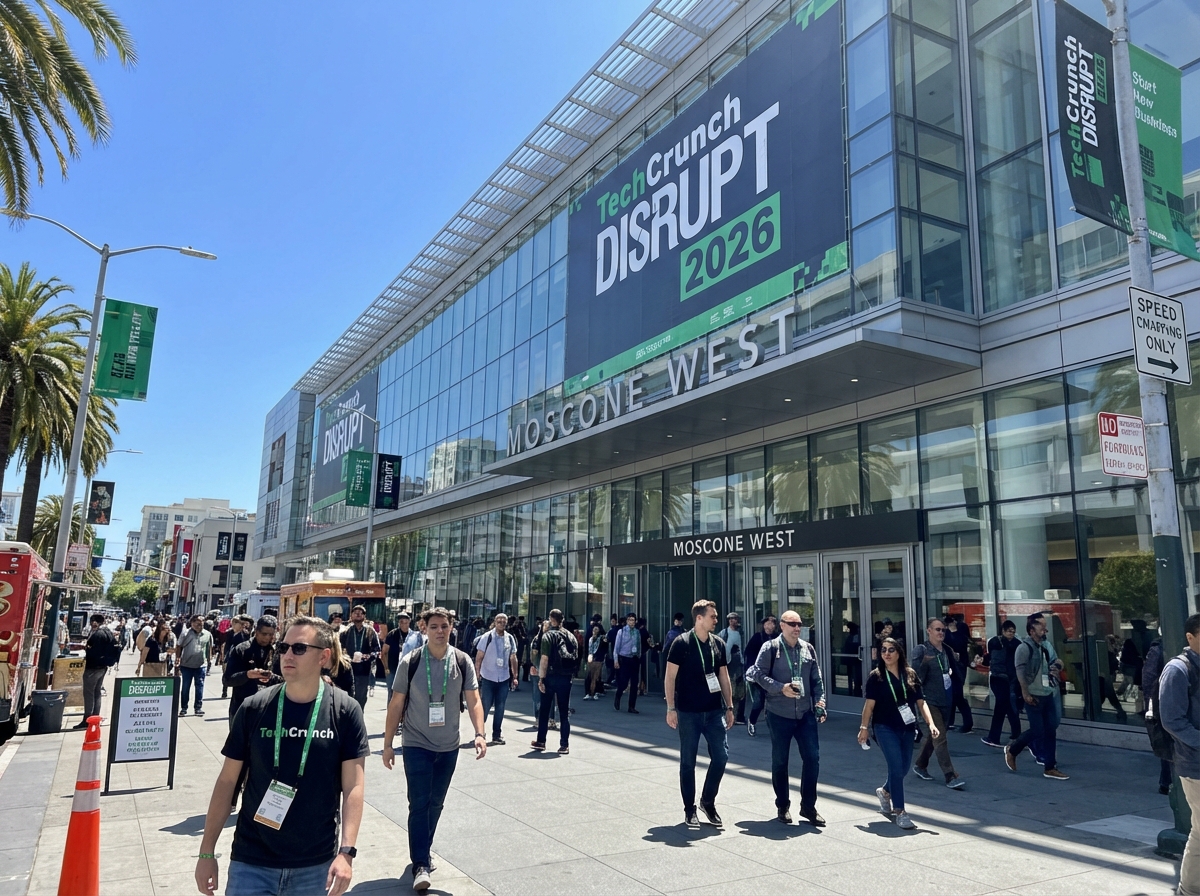 Exterior view of Moscone West convention center in San Francisco during TechCrunch Disrupt 2026. Clear blue sky, modern glass architecture, people walking by with event lanyards. Realistic photography style. 4:3