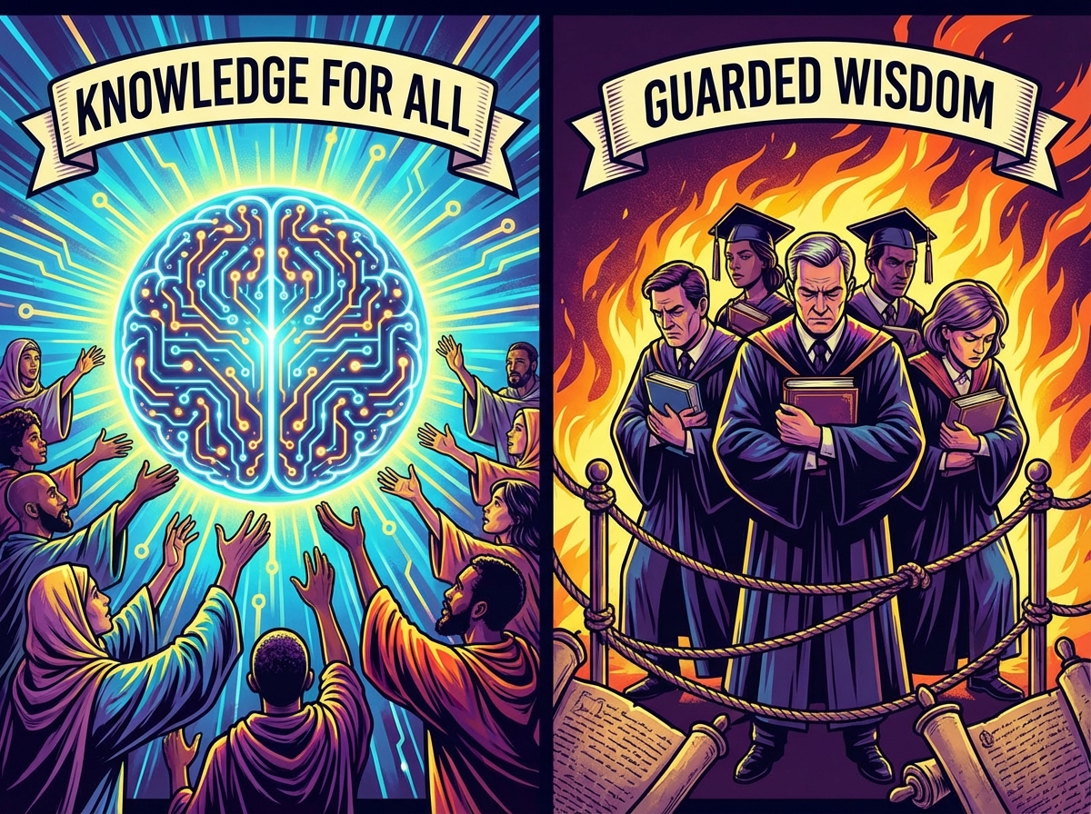 An artistic illustration showing a glowing AI brain being distributed to many diverse people on one side and a small group of scholars holding it back on the other side. High contrast, symbolic storytelling, vibrant colors, 4:3