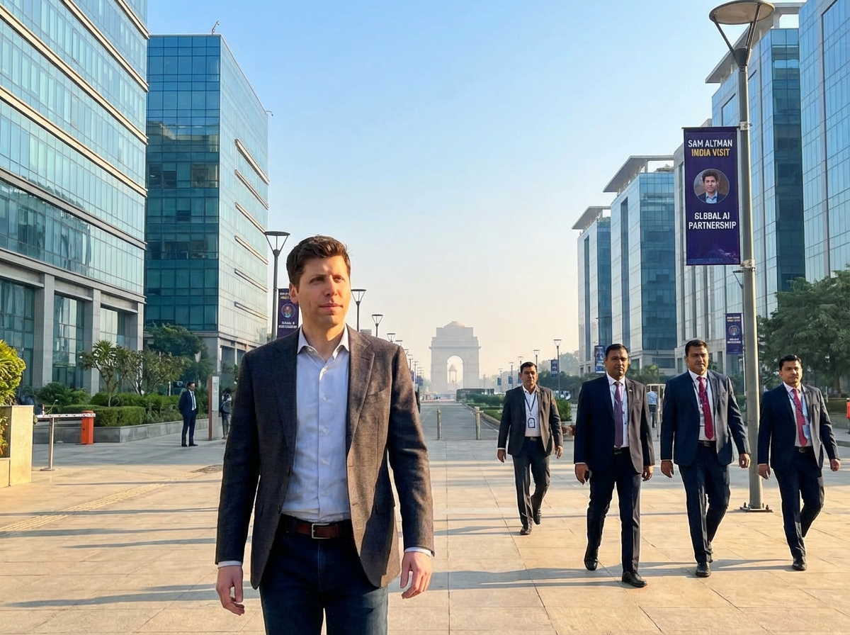 A professional man resembling a tech CEO walking in a modern area of New Delhi India with the India Gate visible in the distant background. The atmosphere is bright and sunny with a sense of diplomatic importance. Cinematic lighting, photorealistic, high resolution, 4:3. Sam Altman India Visit.
