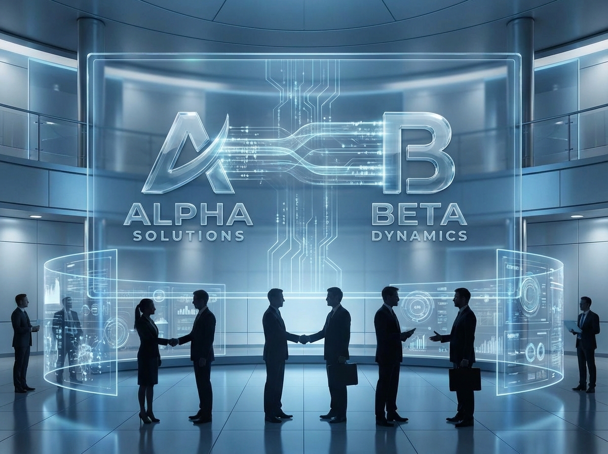 Two modern tech companies building a partnership, digital connection lines between symbols, high-tech atmosphere, professional blue and silver tones, 4:3