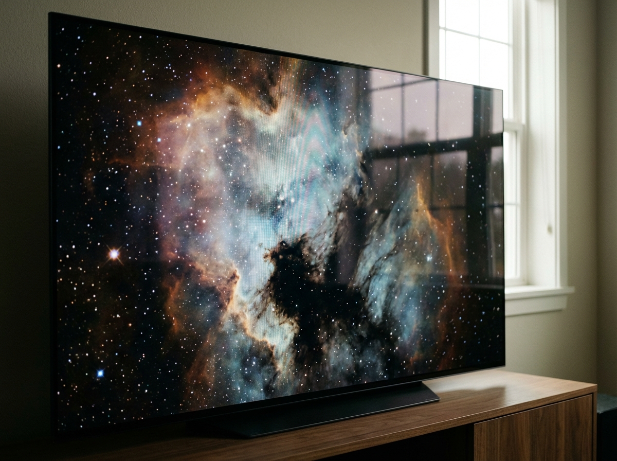 A close-up of a high-resolution 8K television screen displaying vibrant colors and deep blacks, cinematic atmosphere, natural lighting, 4:3