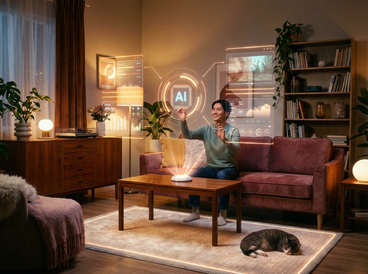 A person using a smart AI system in a living room, glowing interface reflecting on the furniture, futuristic and cozy vibe, 4:3