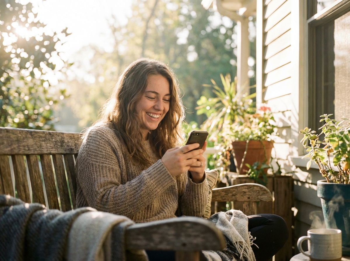 A young woman smiling while looking at her smartphone in a natural lifestyle setting, soft warm morning sunlight, realistic texture, 4:3.