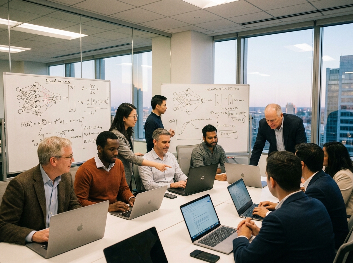 Diverse group of professional investors and AI engineers having a meeting in a modern glass office, whiteboards filled with complex diagrams, high-end laptops, warm office lighting, realistic corporate environment, 4:3