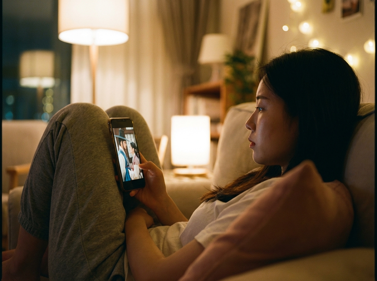A high-quality lifestyle photograph of a young Korean woman sitting on a cozy sofa at night, intensely focused on her glowing smartphone screen which shows a vertical video drama interface. The lighting is warm and cinematic, with a soft blur in the background. No text visible on the phone screen. 4:3