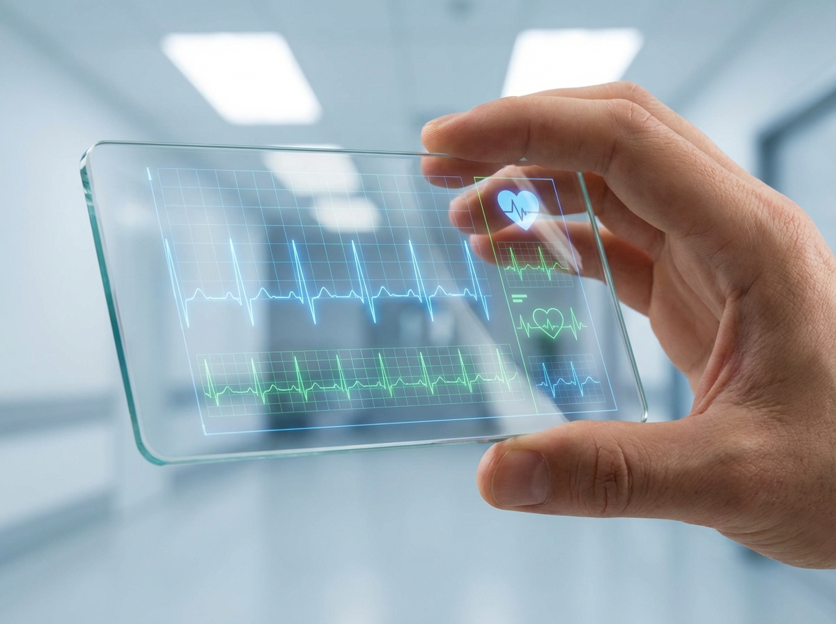A close up of a person's hand holding a sleek glass device reflecting medical graphs and heart rate monitors, bright balanced lighting, modern layout, 4:3 aspect ratio.
