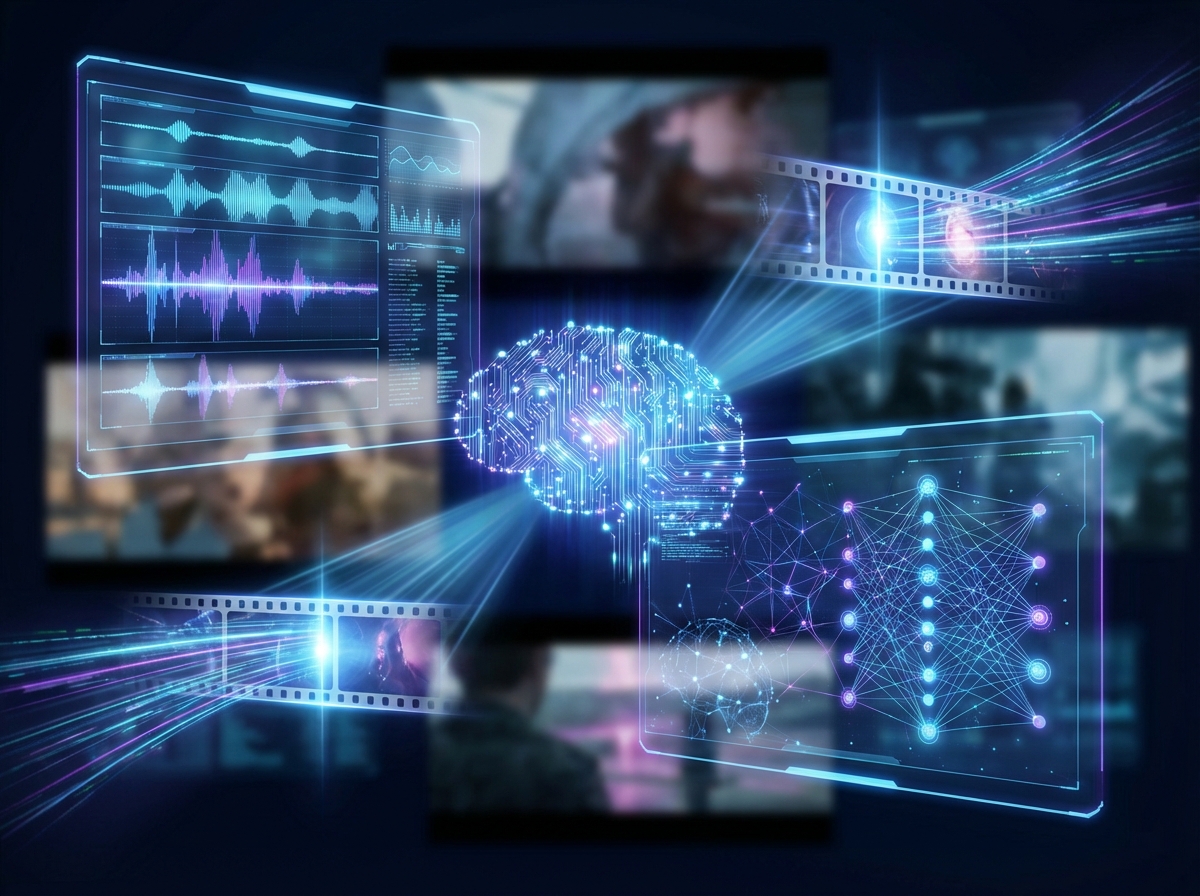 A futuristic digital art piece representing AI technology analyzing film frames. Transparent digital interfaces showing waveforms and neural network patterns over blurry movie scenes. Cool blue and purple neon lighting, high tech atmosphere. No text or symbols. 4:3