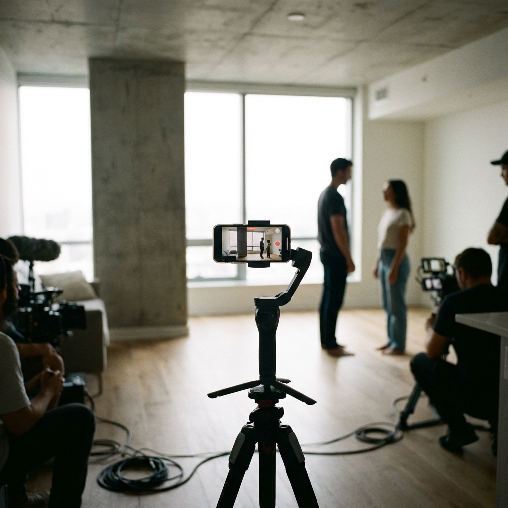 A realistic photography of a minimalist film set for a vertical short-form drama. A professional smartphone mounted on a gimbal is filming a scene with two actors in a modern apartment. Soft natural light, focus on the filming equipment. No text. 1:1