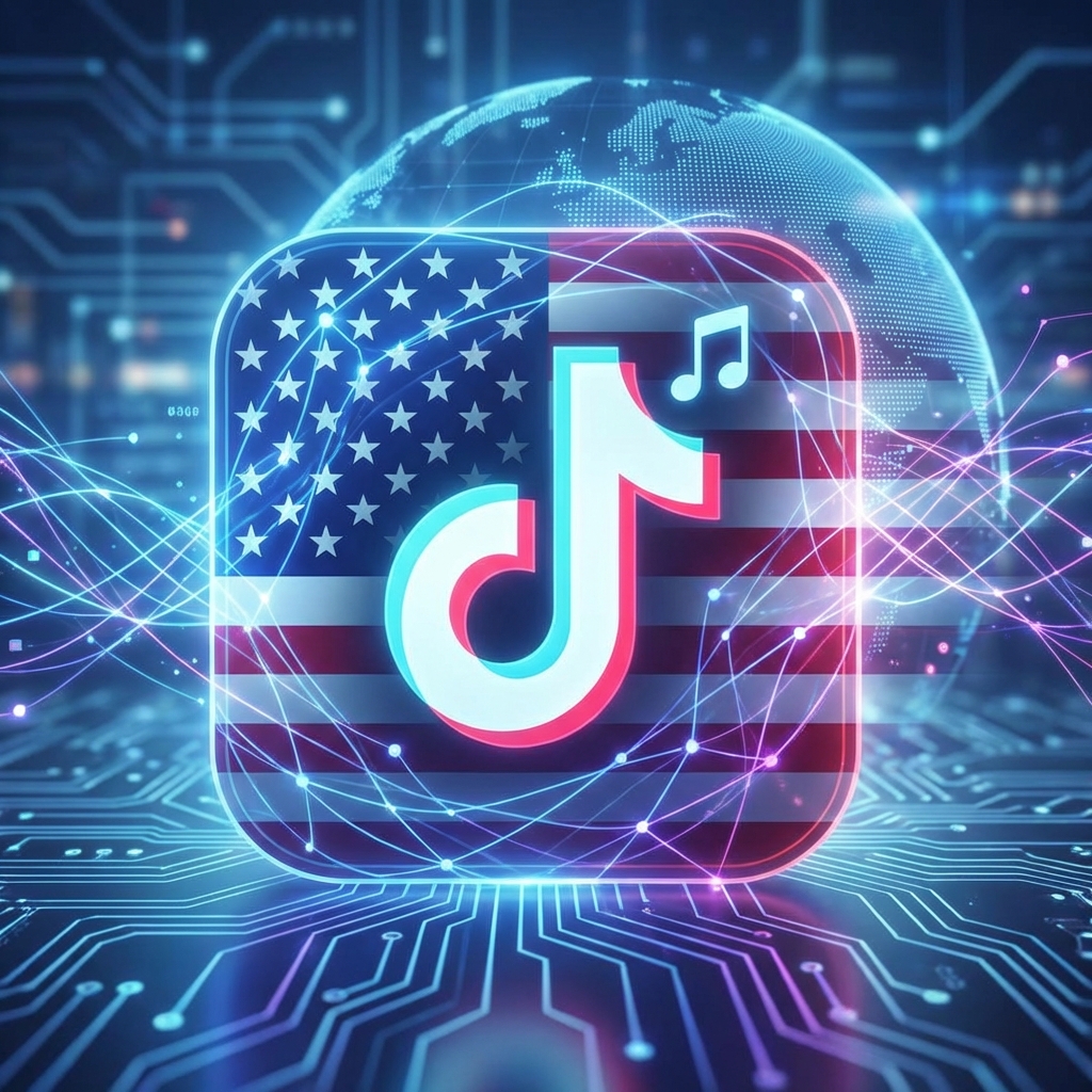 A professional and modern digital illustration combining the TikTok logo with the United States flag elements, featuring glowing network lines and a high-tech corporate background, 1:1