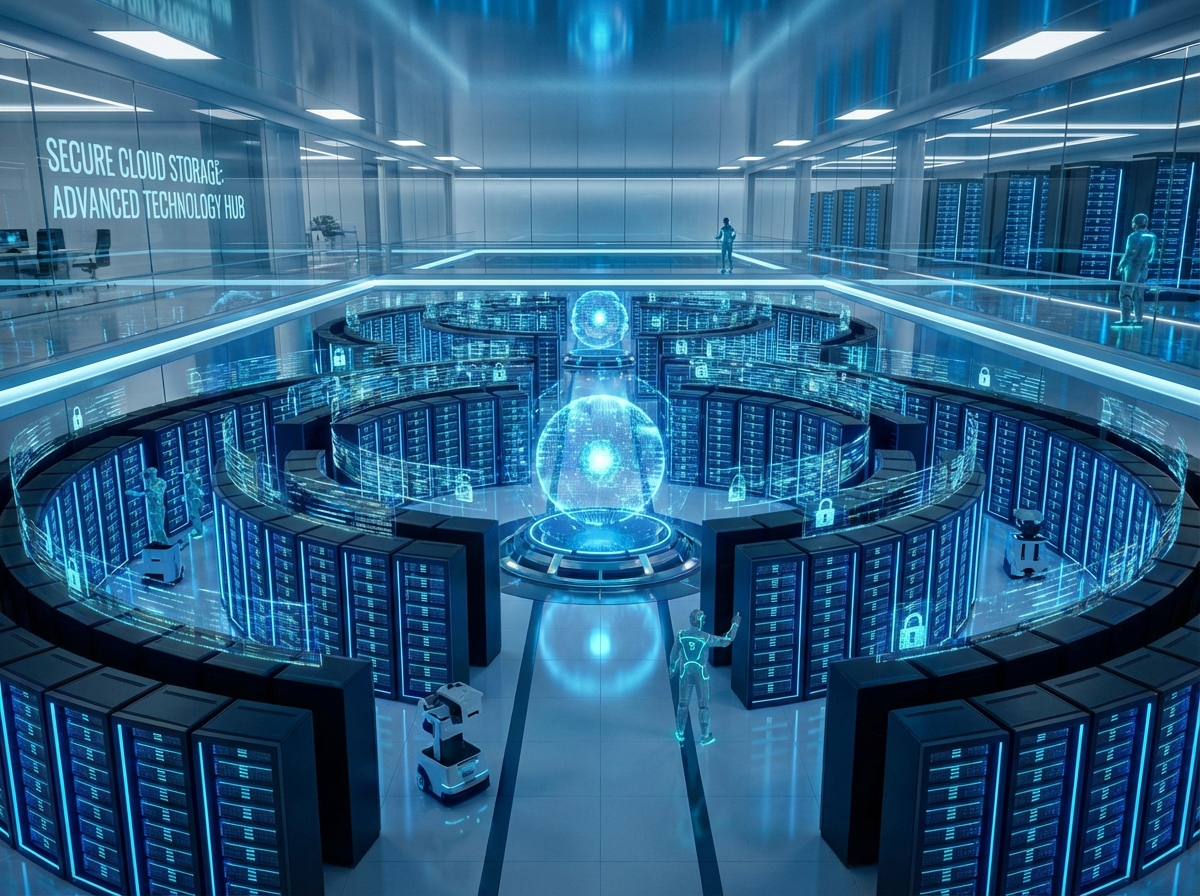Futuristic data center with glowing blue server racks representing secure cloud storage and advanced technology, 4:3
