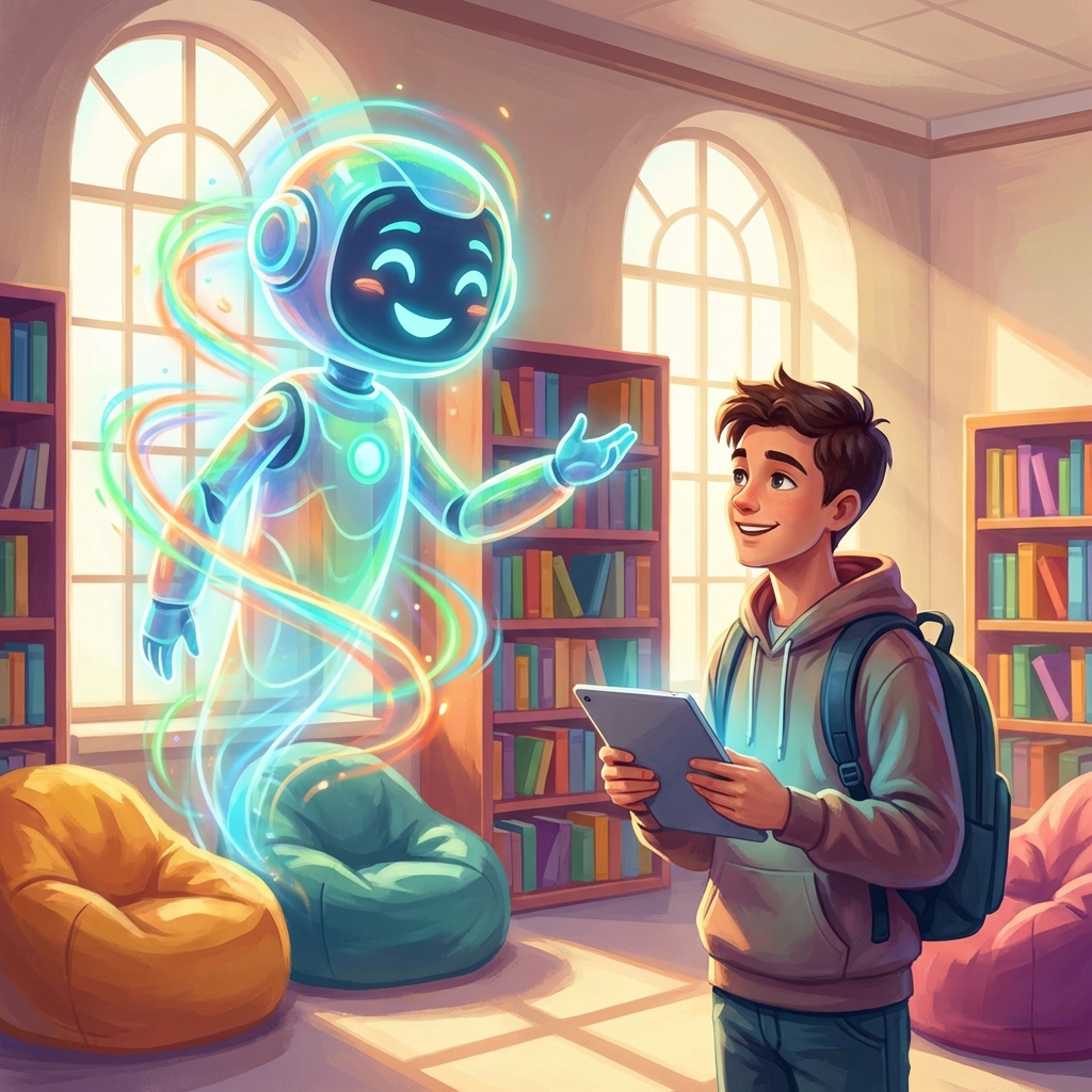 A friendly and colorful AI character hologram interacting with a teenage student in a library setting, bright and inspiring atmosphere, digital art style, 1:1