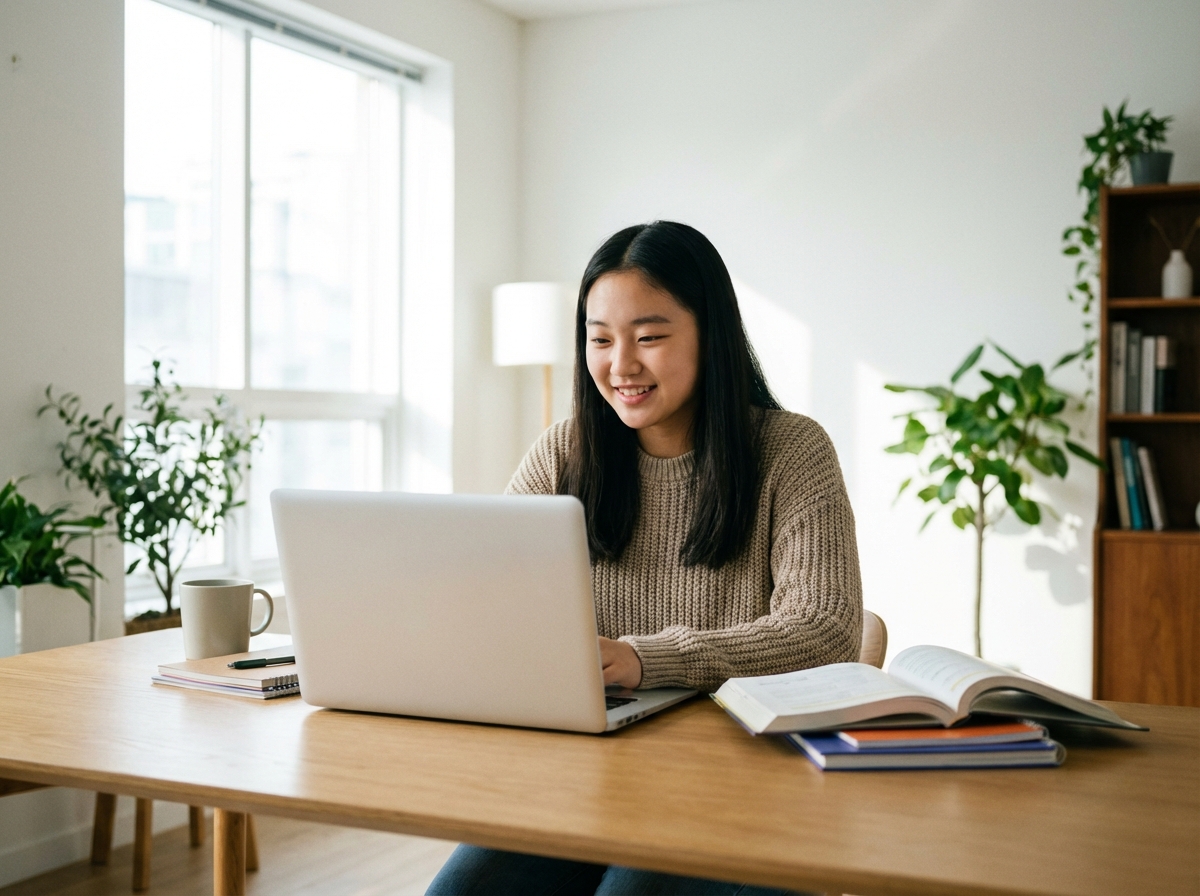 A Korean teenager using a laptop for study, focused and positive expression, modern and clean room, balanced lighting, realistic photography, 4:3