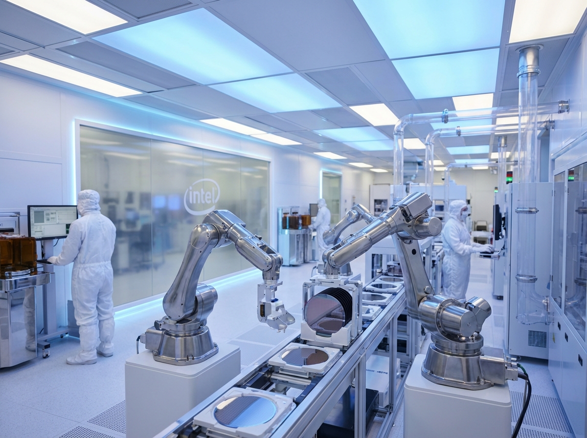 A clean and futuristic semiconductor cleanroom with robotic arms handling silicon wafers, soft blue and white lighting, high-tech atmosphere, Intel logo subtly integrated in the background, 4:3