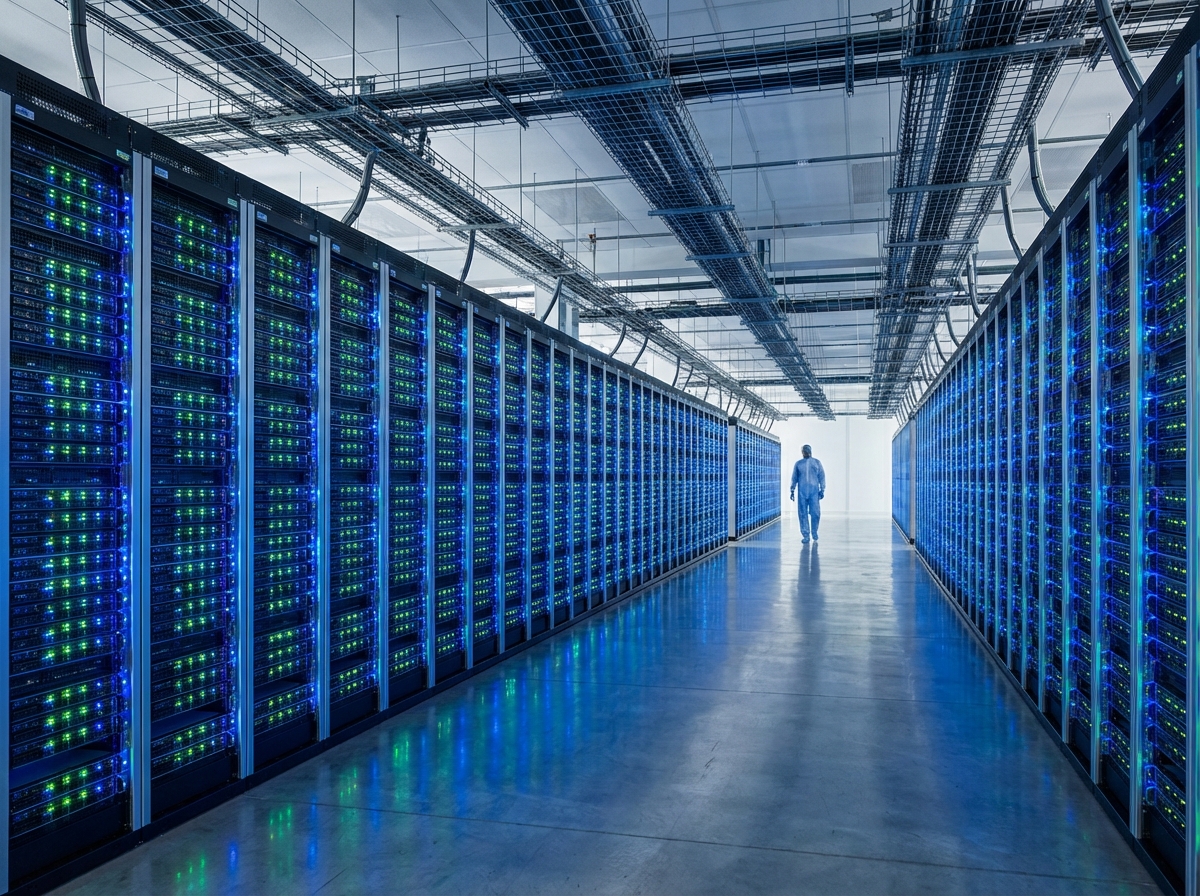 A vast and modern data center with rows of server racks glowing with blue and green LED lights, perspective view, professional high-tech photography style, 4:3
