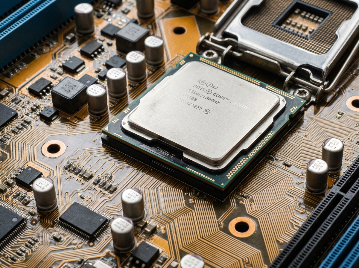 A macro shot of a computer motherboard and a CPU chip, golden circuit lines, metallic texture, detailed composition, professional tech review style, 4:3