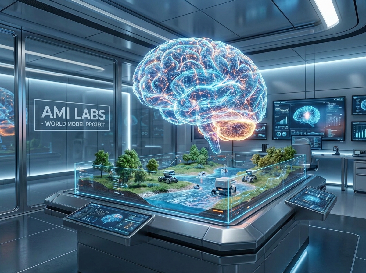 A futuristic representation of an artificial intelligence "world model" showing a digital brain interacting with a 3D physical environment, including trees, water, and robots, clean high-tech lab setting, soft blue and orange lighting, AMI Labs inspired concept, high contrast, 4:3