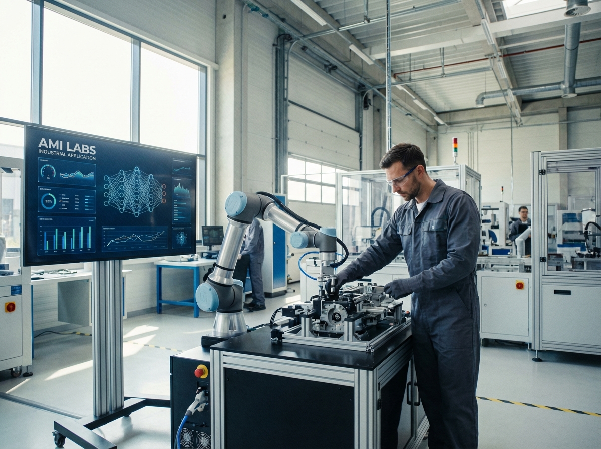 A realistic scene of a collaborative robot arm and a technician working together in a modern high-tech factory, advanced machine intelligence interface visible on screens, bright natural lighting, AMI Labs industrial application theme, cinematic quality, 4:3