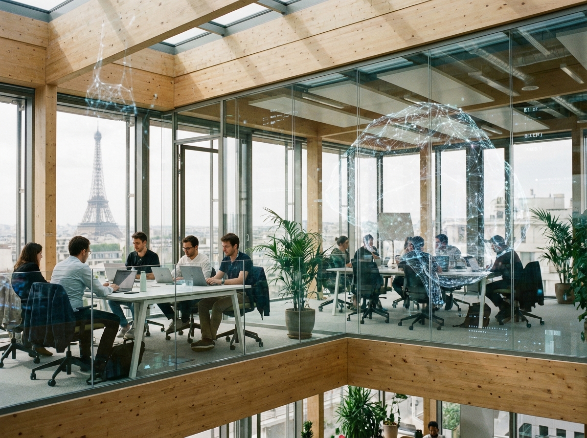 Modern glass architecture of a technology startup office in Paris, subtle digital overlays showing neural networks, Eiffel Tower visible far in the background, daytime, realistic lifestyle photography style, 4:3