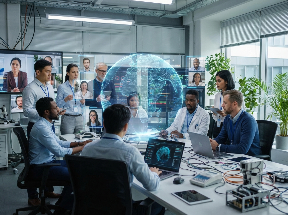 A diverse group of scientists and engineers having a global video conference, digital holographic world map in the center, diverse ethnicities, focused and collaborative atmosphere, futuristic workspace, 4:3