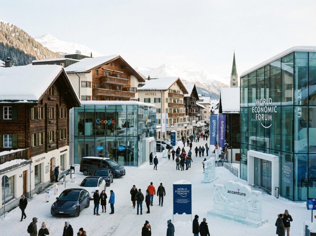 A scenic view of the snowy streets of Davos Switzerland during the World Economic Forum with modern glass pavilions and tech company branding integrated into the traditional alpine architecture daylight cinematic lighting 4:3