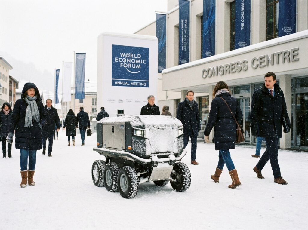 A futuristic delivery robot moving through a snowy street in Davos near the World Economic Forum signage people walking by in winter business attire realistic style 4:3