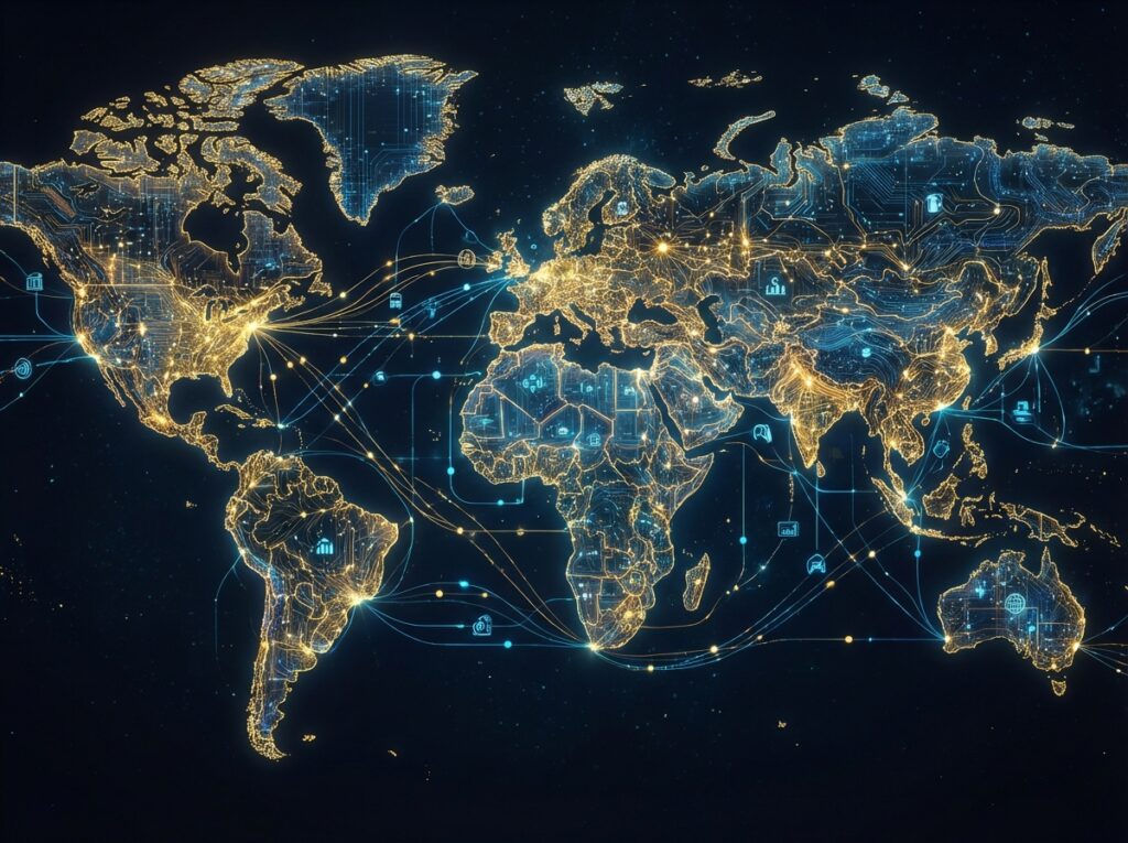 A conceptual illustration of a digital world map with glowing data points and neural network connections symbolizing global economic integration through technology dark background gold and blue lights 4:3