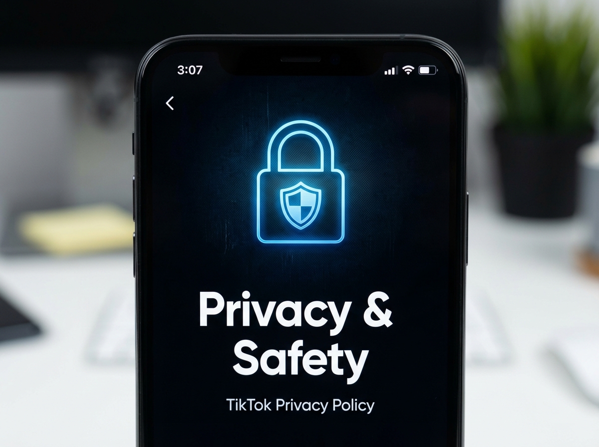 A smartphone screen displaying a digital privacy lock icon with a modern and clean interface, representing the TikTok Privacy Policy topic, high contrast, 4:3